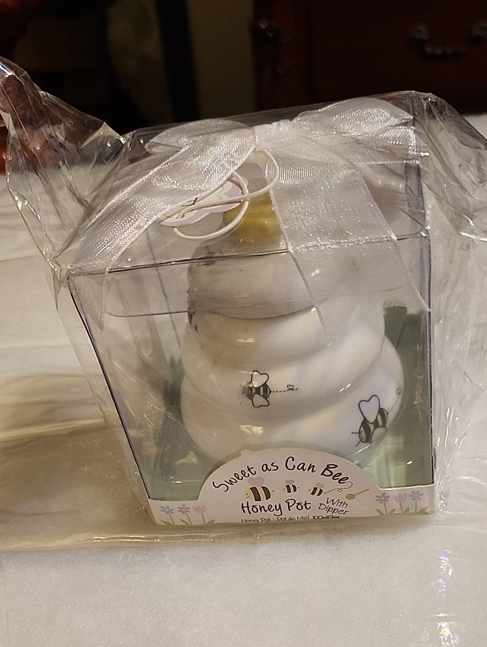 Sweet as Can Bee White Honey Pot with  Wooden Dipper
